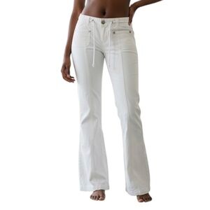 White Y2K Flared Pants with Decorative Lace-Up Detail, Size 1